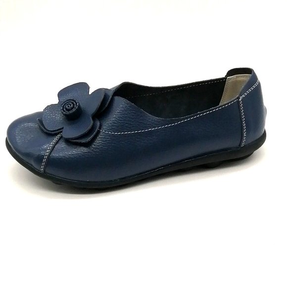 Smaibulun Womens Mama Love‎ Slip On Flats Blue Faux Leather Flower Trim EU40 NEW - Picture 1 of 10